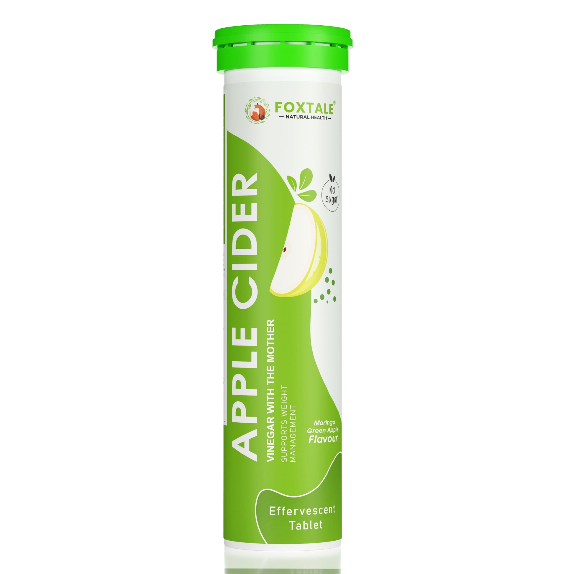 Foxtale Apple Cider Vinegar Effervescent Tablet – Moringa Green Apple Flavor | With "Mother" | No Sugar | 20 Tablets