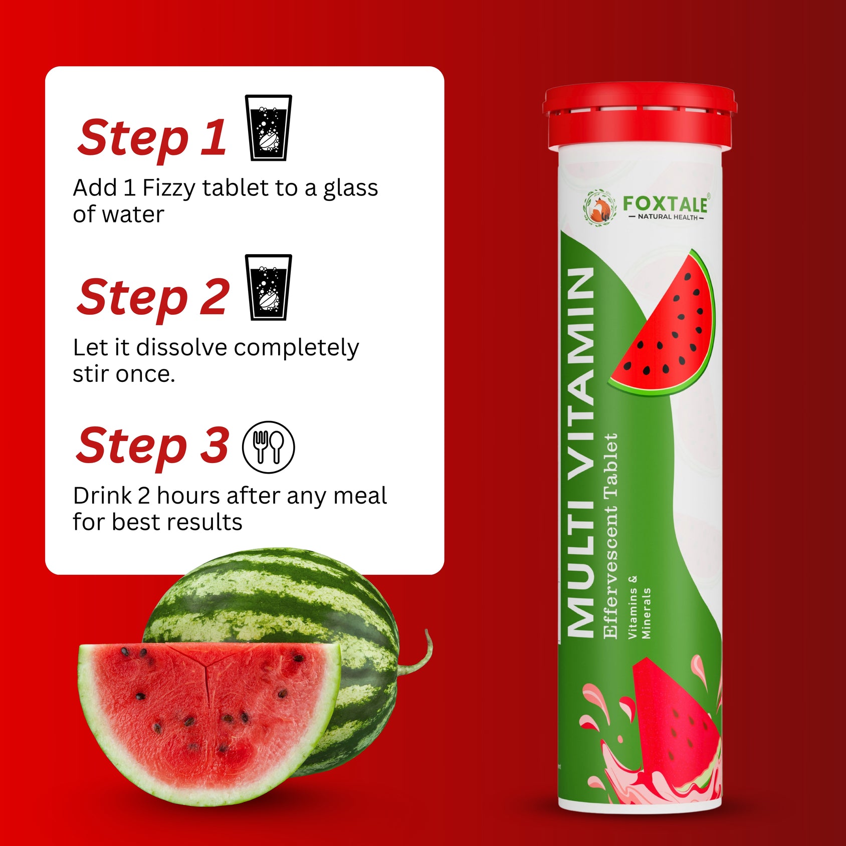 Foxtale - Watermelon Flavor Daily Multivitamin for Energy, Immunity & Wellness (20 Effervescent Tablets)
