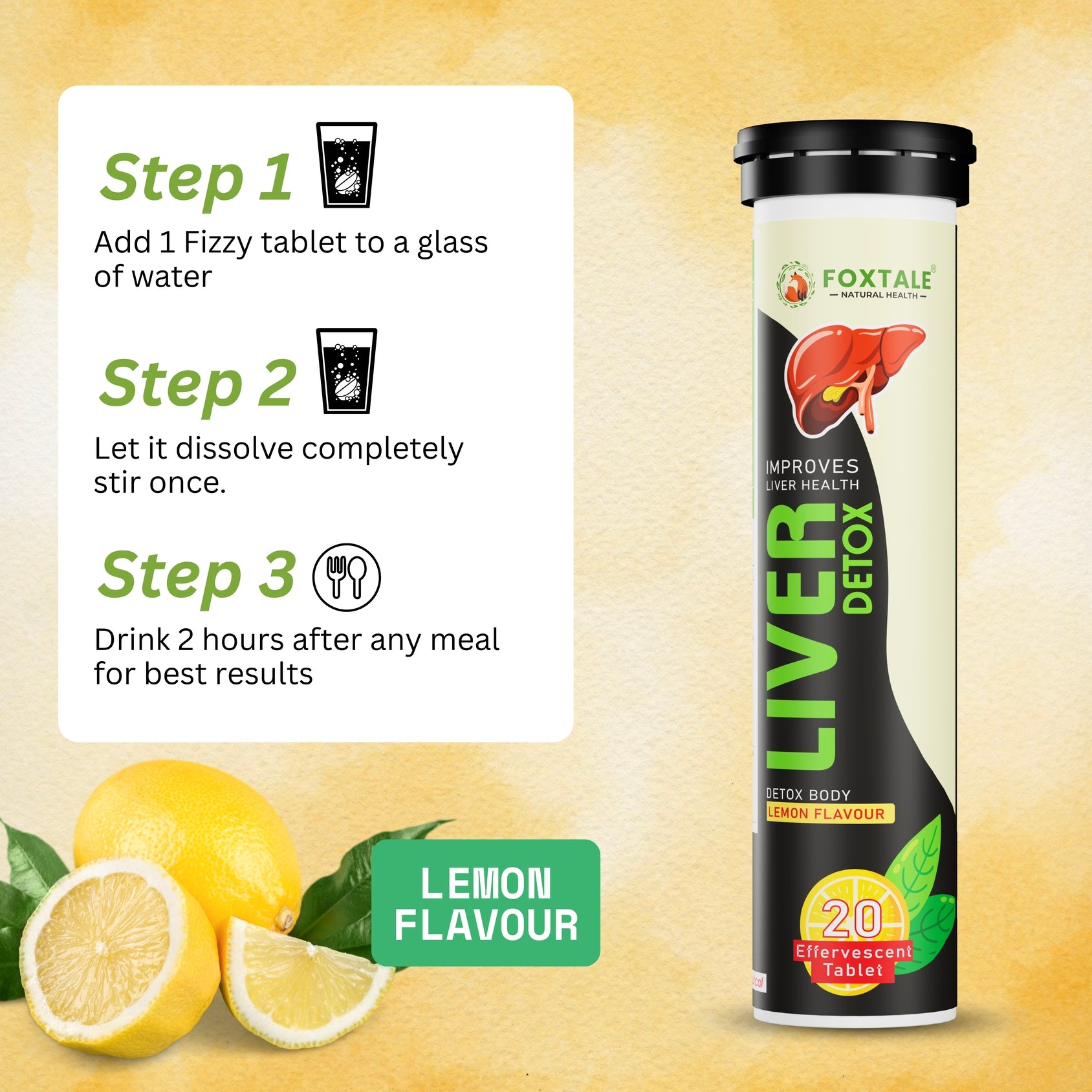 Foxtale® Liver Detox Effervescent Tablets – Lemon Flavour - Natural Liver Cleanse & Detox Support (20 Tablets)