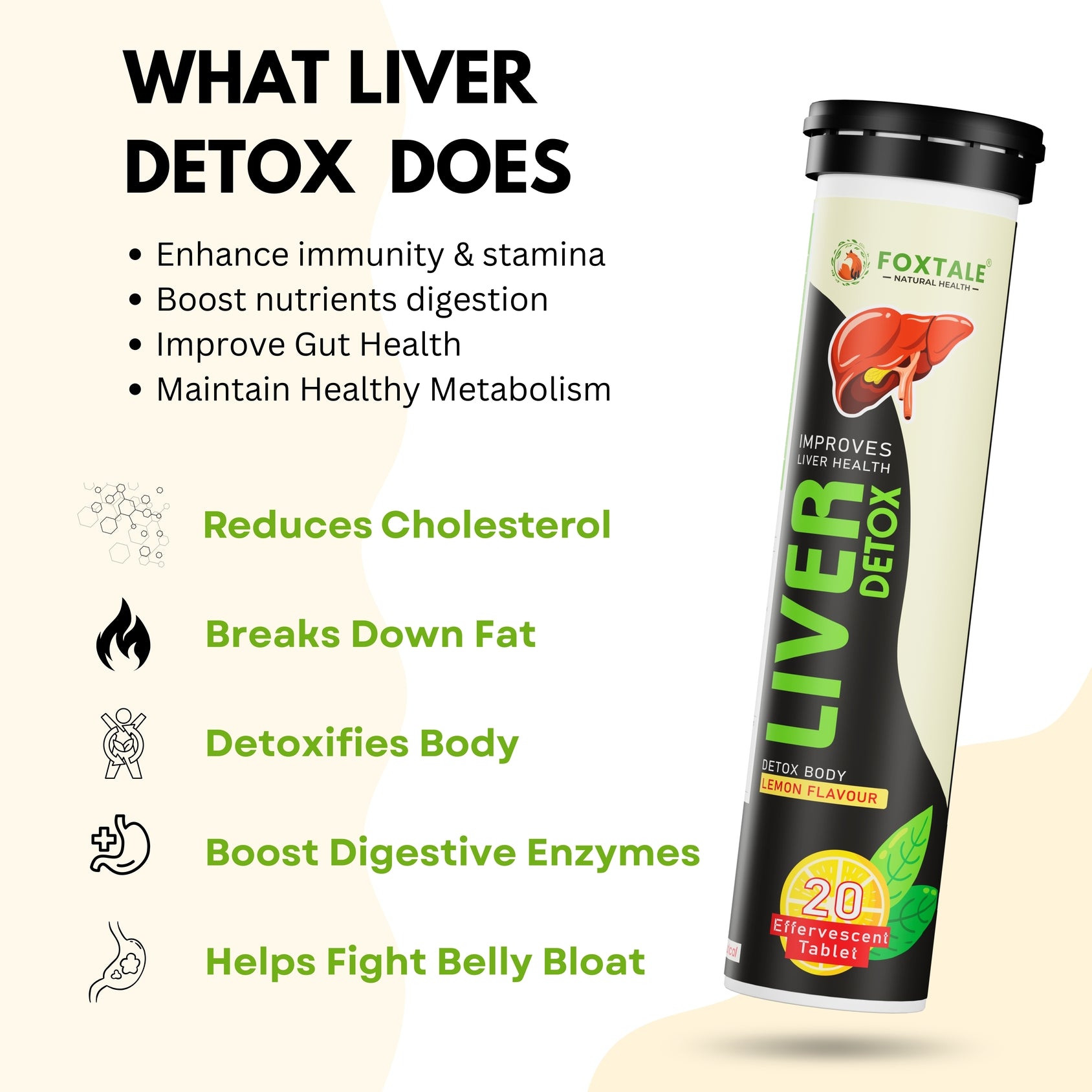 Foxtale® Liver Detox Effervescent Tablets – Lemon Flavour - Natural Liver Cleanse & Detox Support (20 Tablets)
