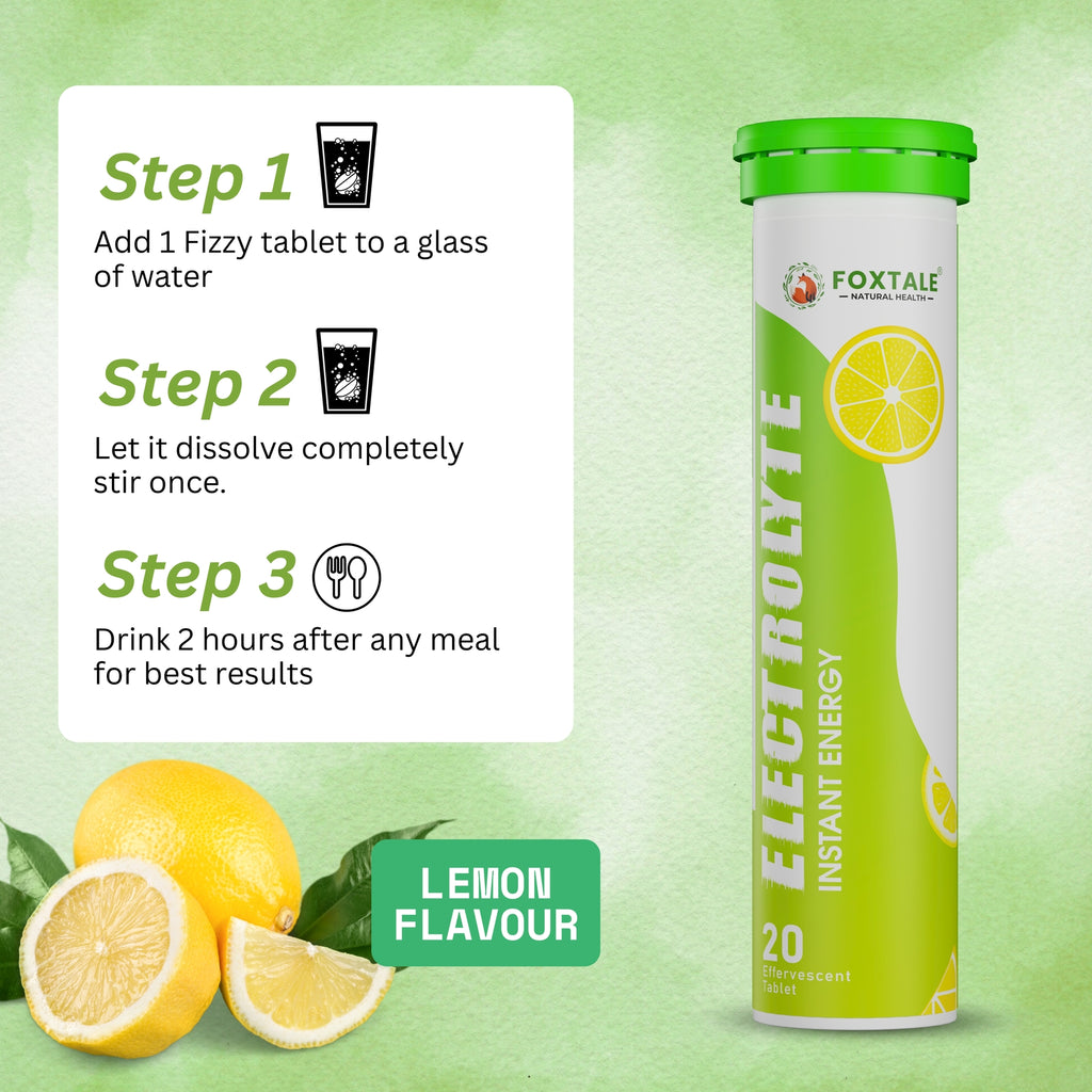 Foxtale® Electrolyte Instant Energy - Hydro Boost+Sugar-Free Energy & Zinc Boost tablets Lemon Flavour (20 Effervescent Tablets)