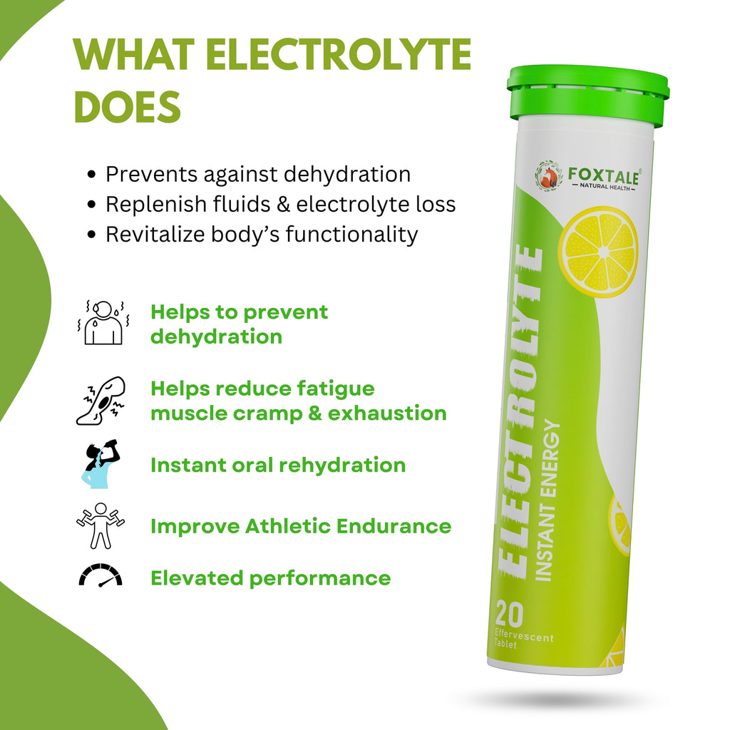 Foxtale® Electrolyte Instant Energy - Hydro Boost+Sugar-Free Energy & Zinc Boost tablets Lemon Flavour (20 Effervescent Tablets)