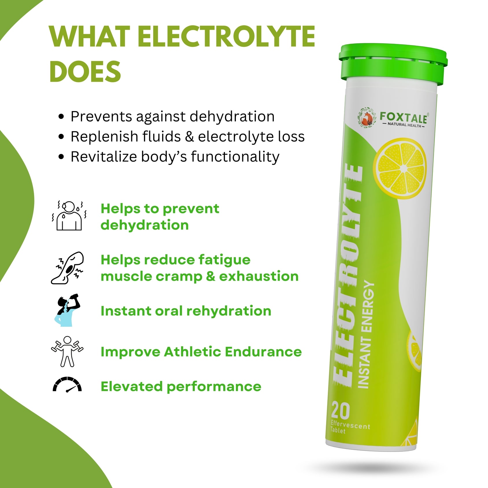 Foxtale® Electrolyte Instant Energy - Hydro Boost+Sugar-Free Energy & Zinc Boost tablets Lemon Flavour (20 Effervescent Tablets)