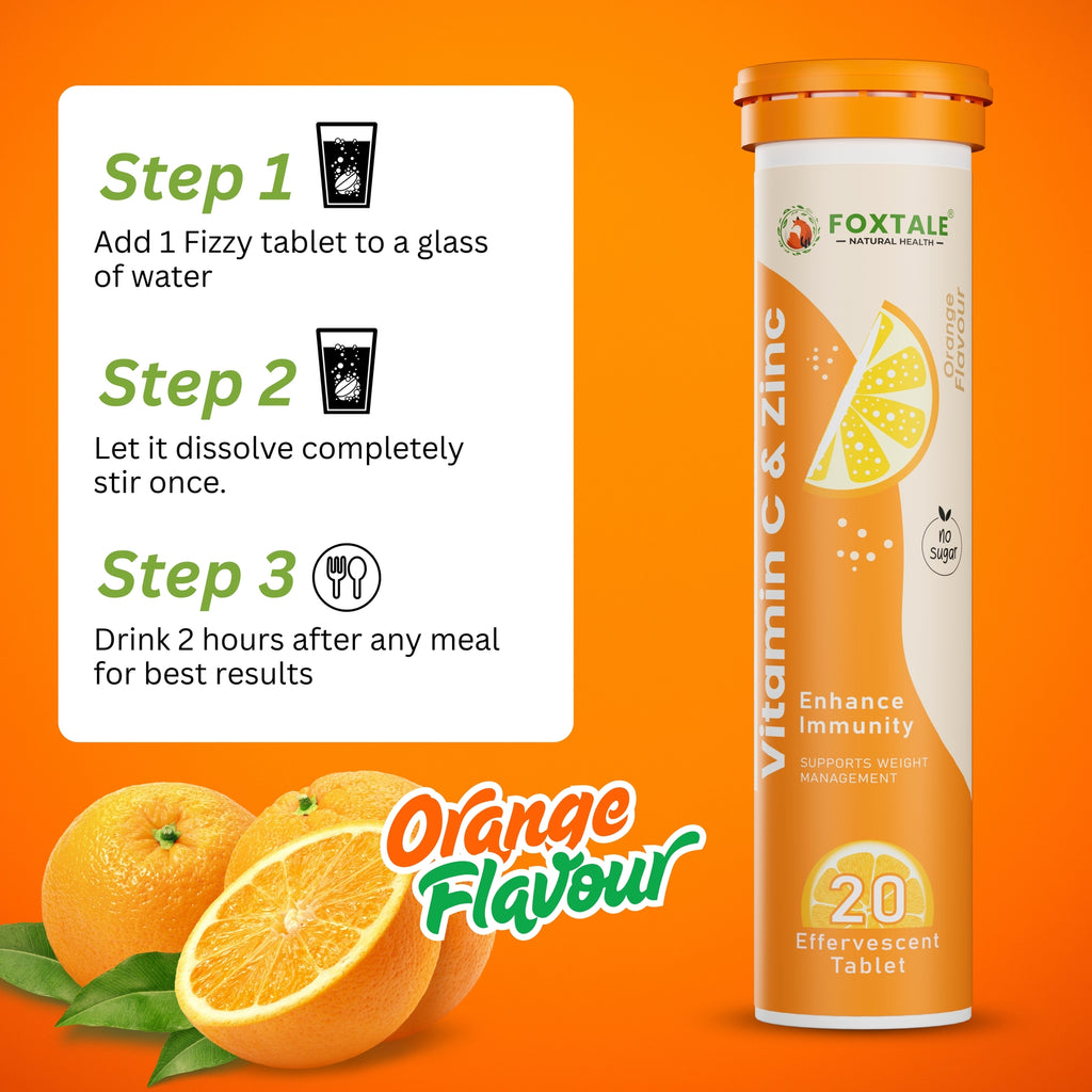 Foxtale Vitamin C & Zinc Effervescent Tablets - Orange Flavour - Immunity Booster | Sugar-Free | Amla Extract (20 Tablets)