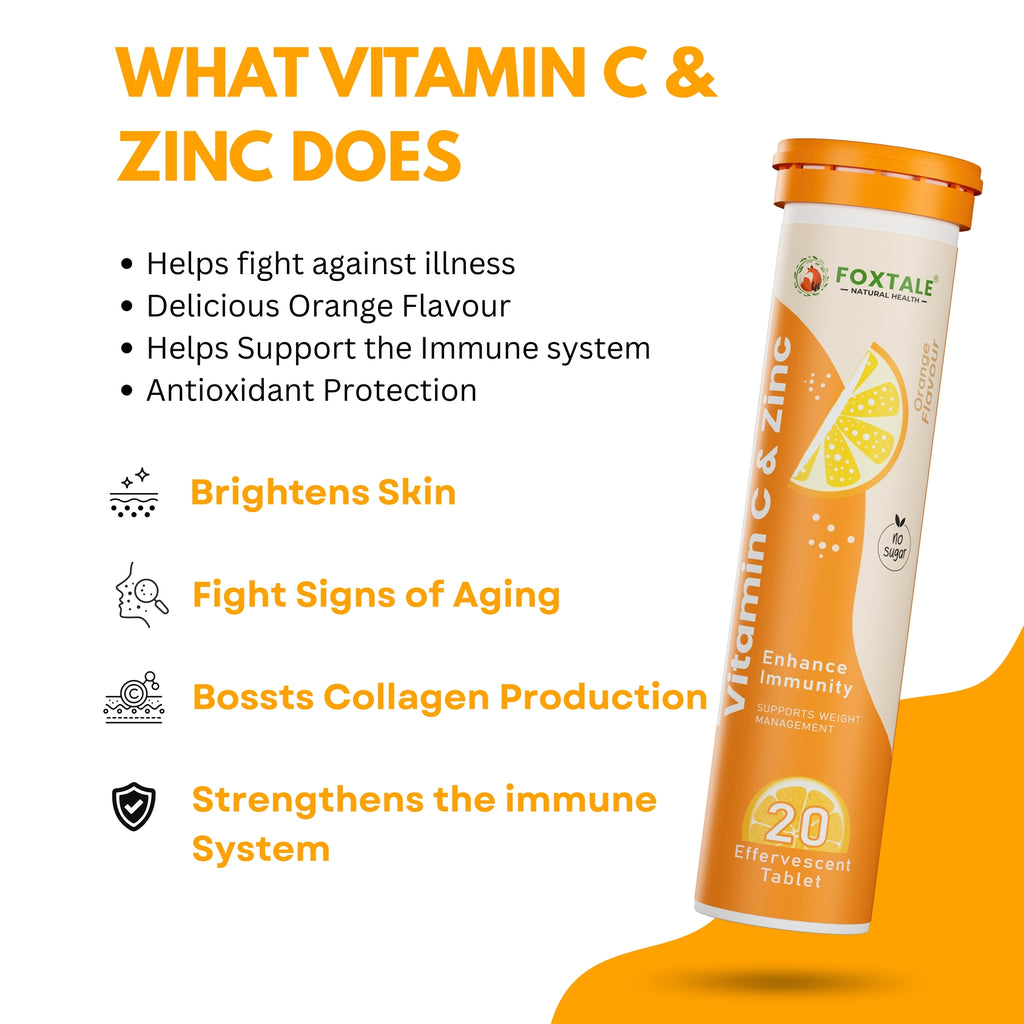 Foxtale Vitamin C & Zinc Effervescent Tablets - Orange Flavour - Immunity Booster | Sugar-Free | Amla Extract (20 Tablets)