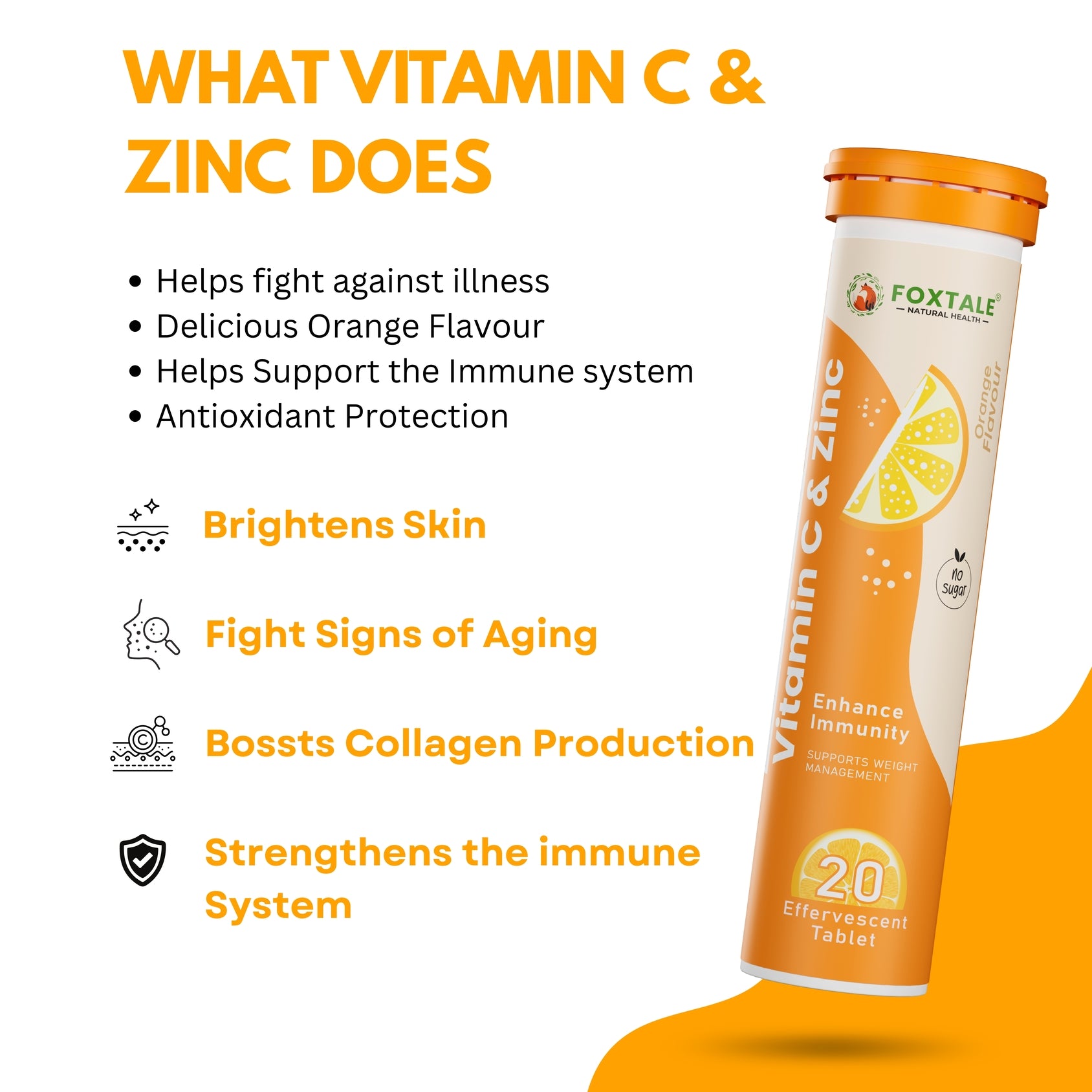 Foxtale Vitamin C & Zinc Effervescent Tablets - Orange Flavour - Immunity Booster | Sugar-Free | Amla Extract (20 Tablets)