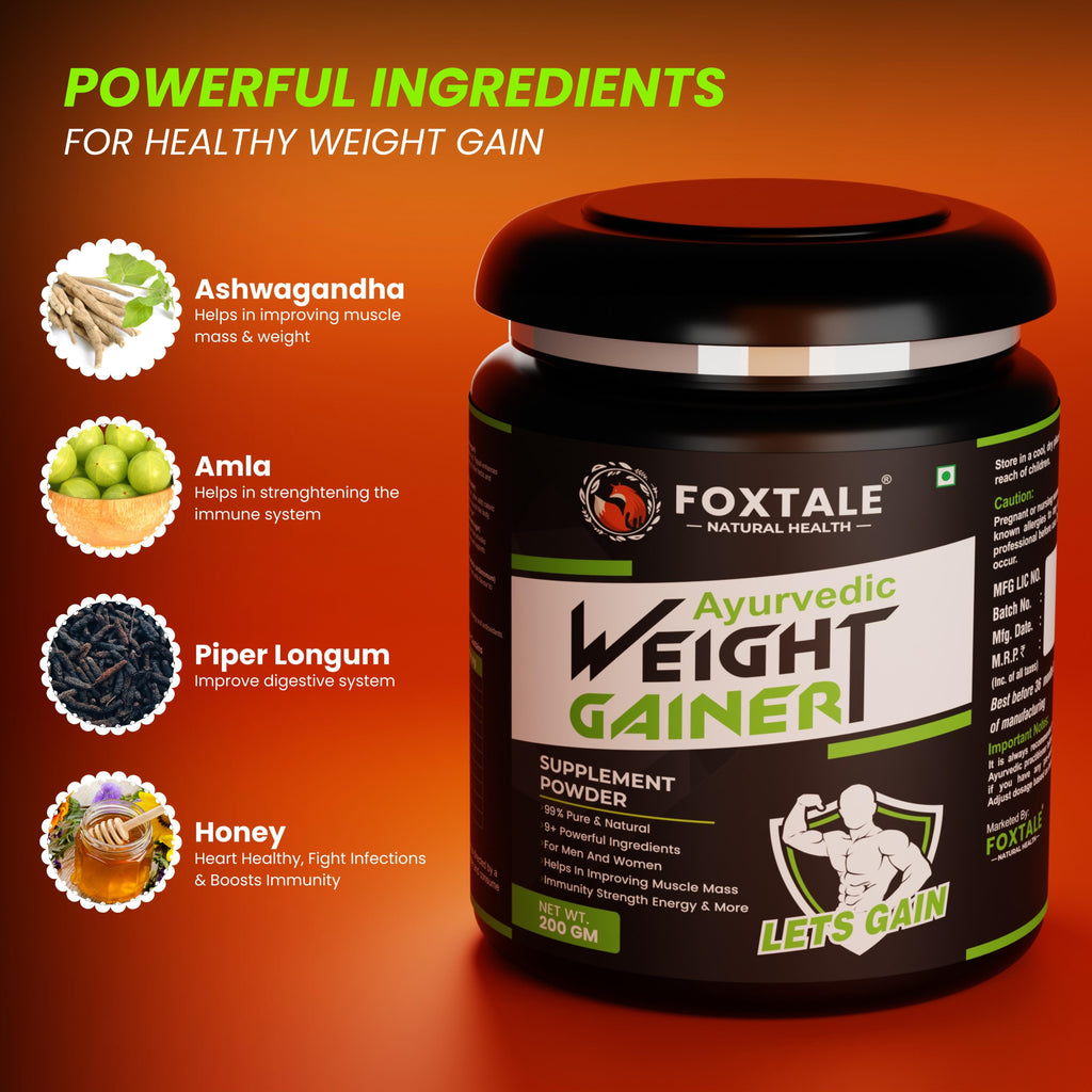 Foxtale Ayurvedic Weight Gainer Supplement Powder For Muscle Gain, Energy, Immunity | Natural Ayurvedic Formula - 200g