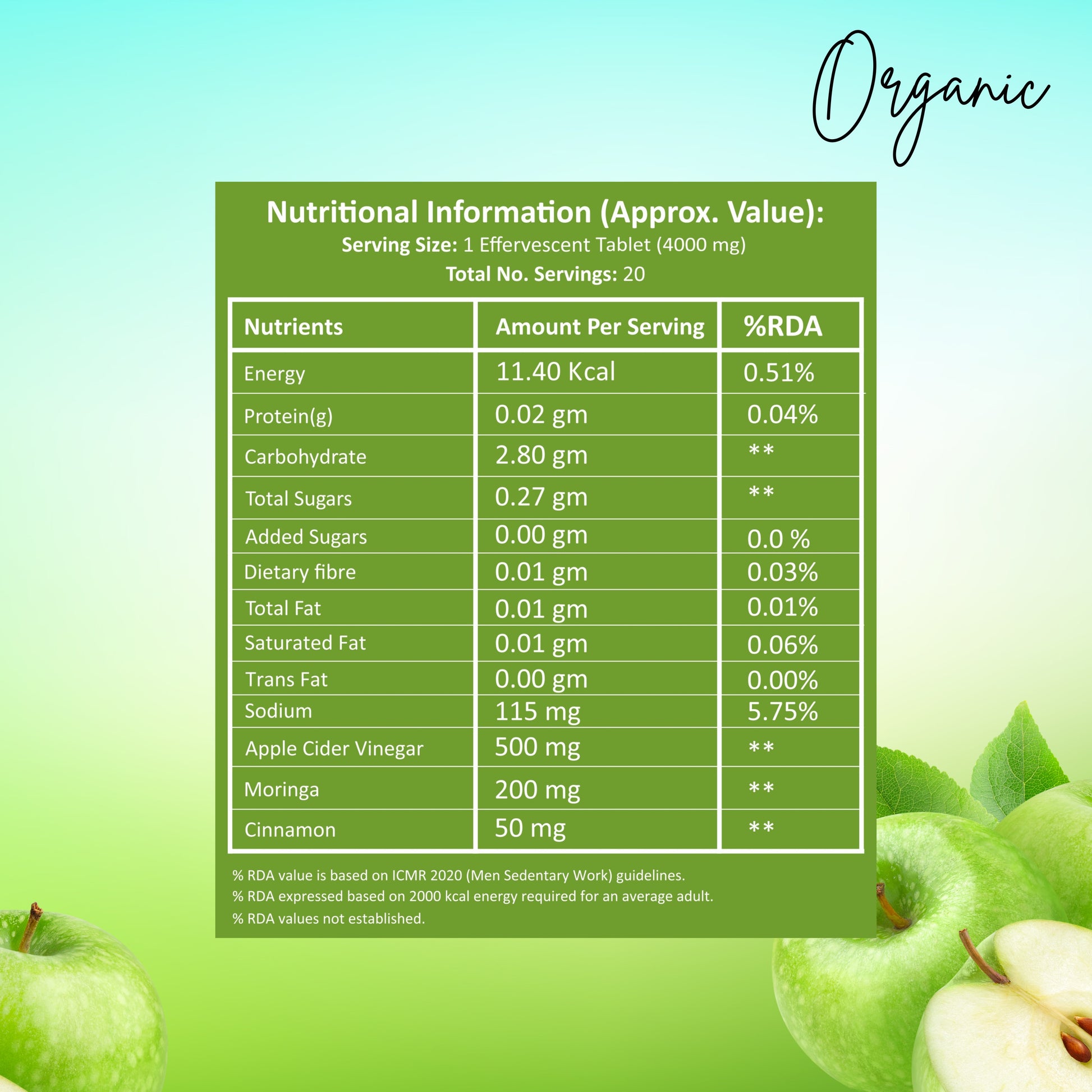 Foxtale Apple Cider Vinegar Effervescent Tablet – Moringa Green Apple Flavor | With "Mother" | No Sugar | 20 Tablets