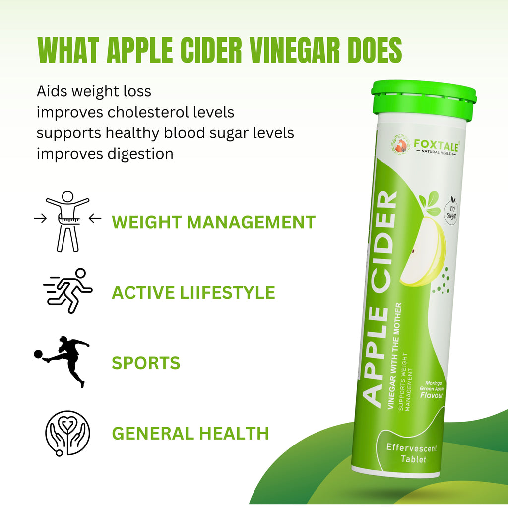 Foxtale Apple Cider Vinegar Effervescent Tablet – Moringa Green Apple Flavor | With "Mother" | No Sugar | 20 Tablets