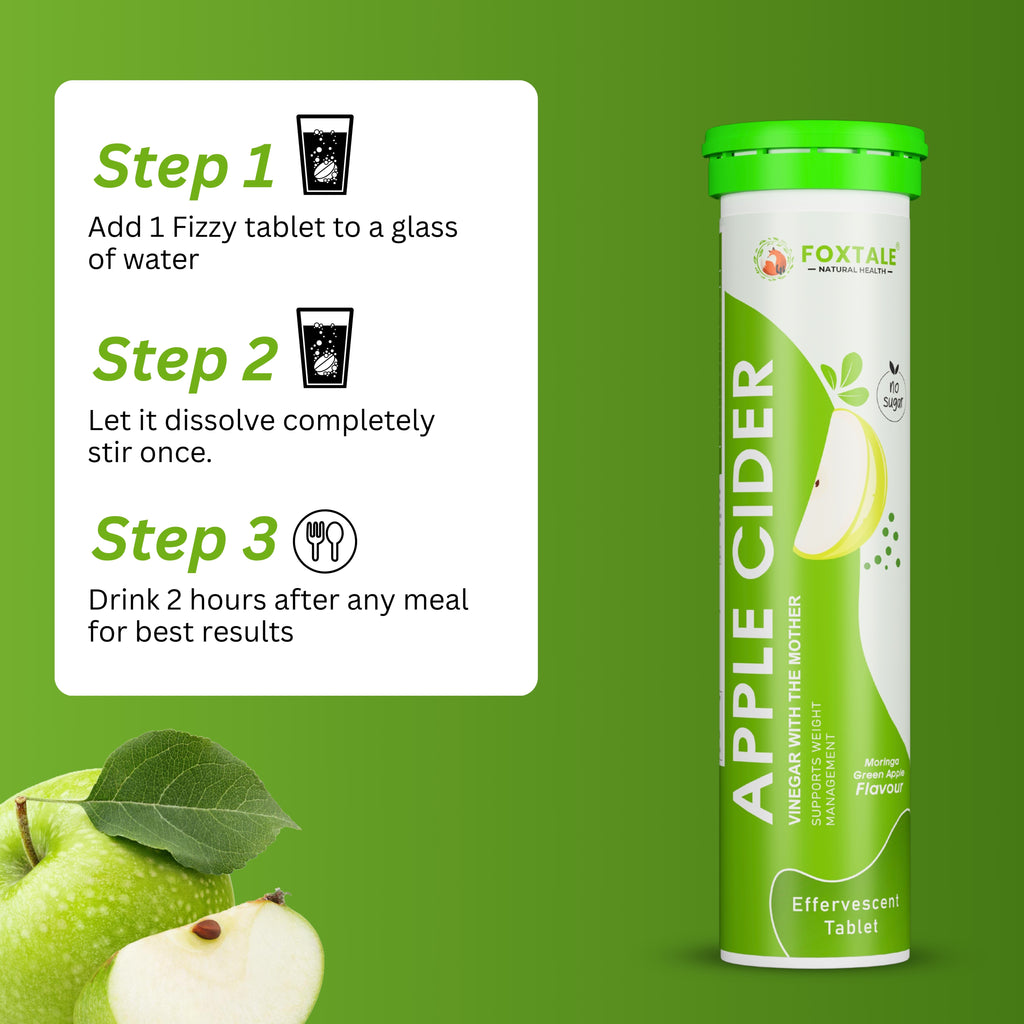 Foxtale Apple Cider Vinegar Effervescent Tablet – Moringa Green Apple Flavor | With "Mother" | No Sugar | 20 Tablets