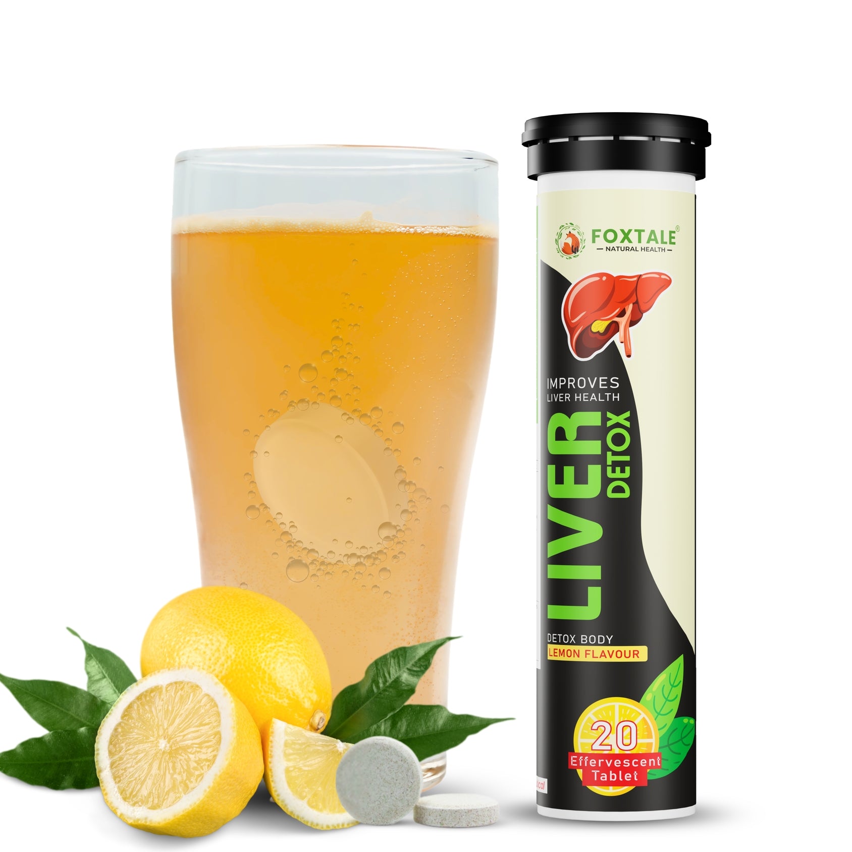 Foxtale® Liver Detox Effervescent Tablets – Lemon Flavour - Natural Liver Cleanse & Detox Support (20 Tablets)